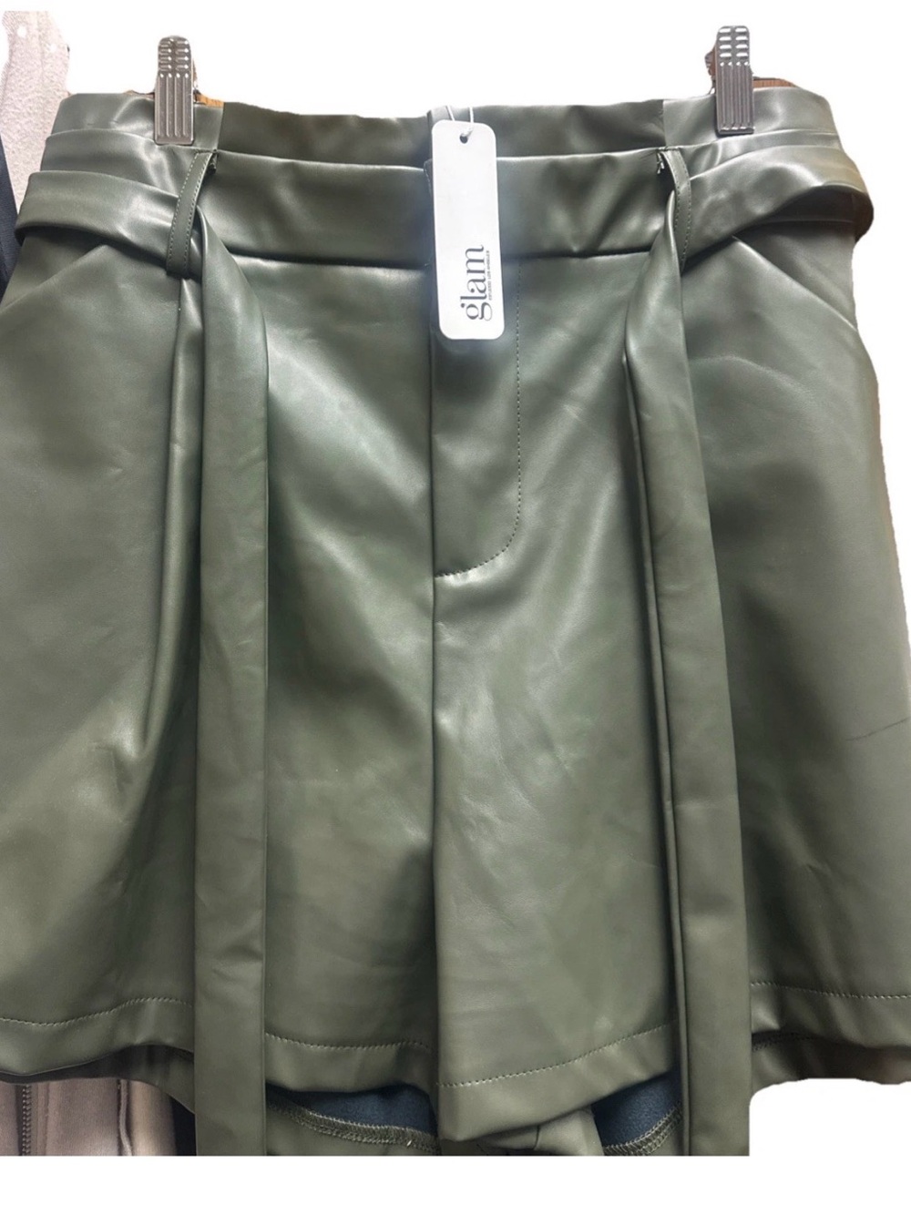 glam Olive Green High-Waist Faux Leather Shorts